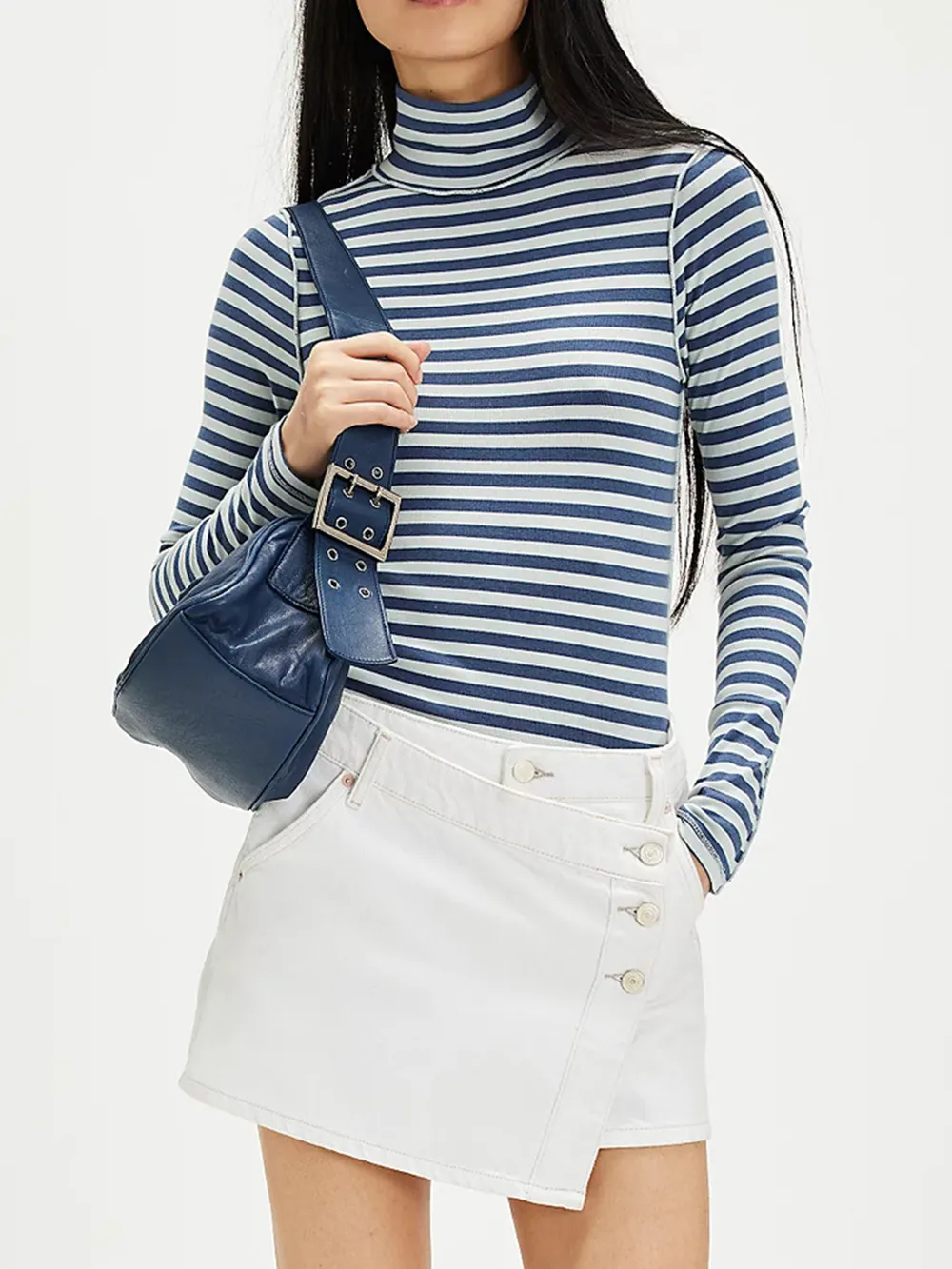 Exposed Seam Striped Turtleneck Long Sleeve T-Shirt, image 9