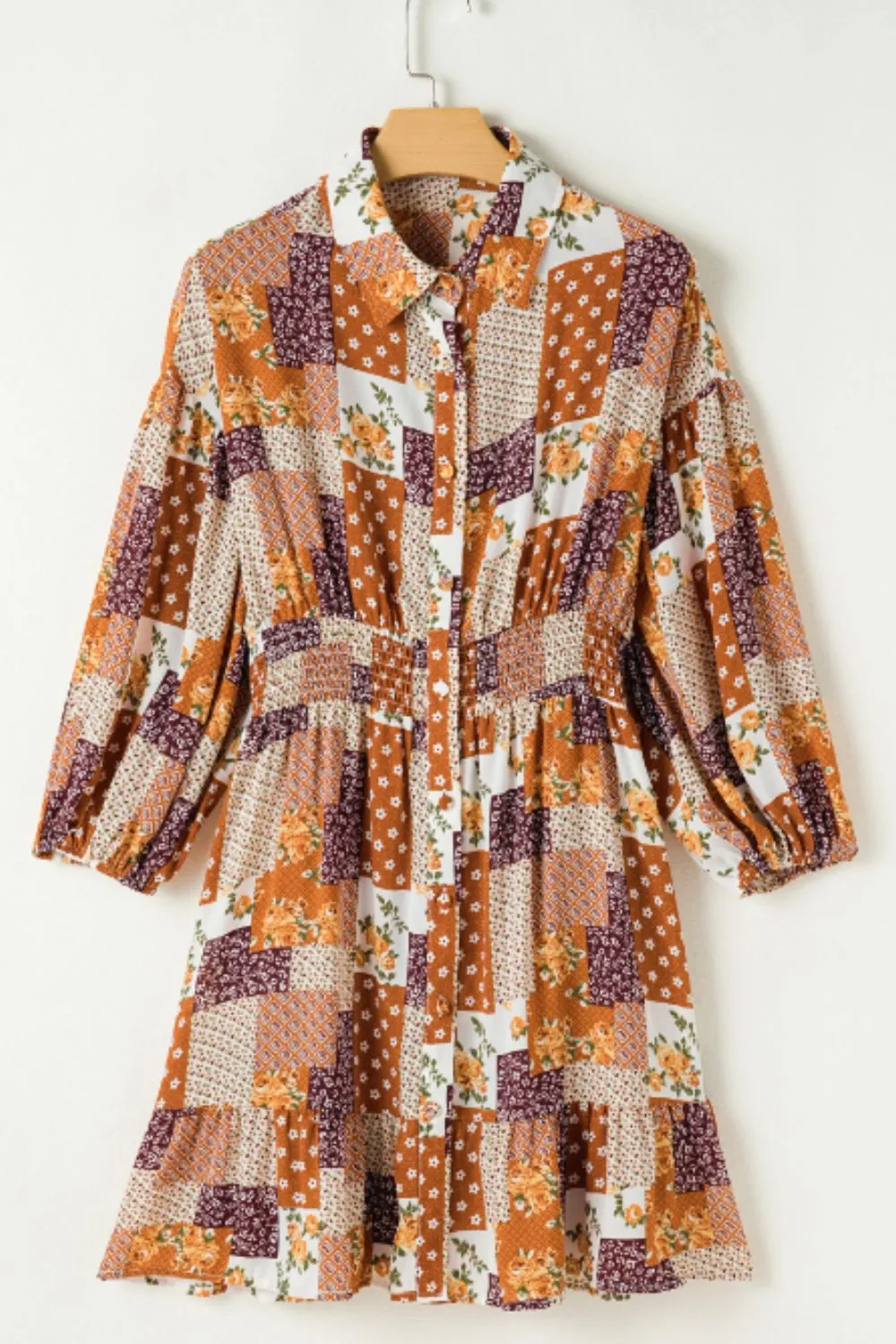 Printed Collared Neck Three-Quarter Sleeve Mini Shirt Dress, image 2