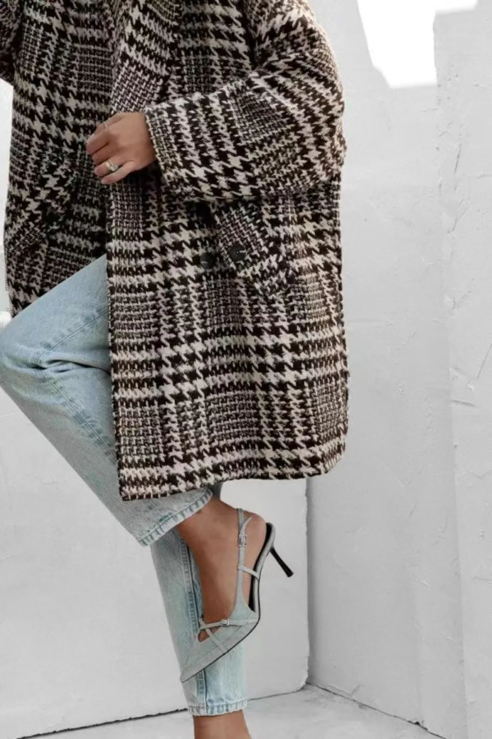 Houndstooth Collared Neck Long Sleeve Coat with Pockets, image 6
