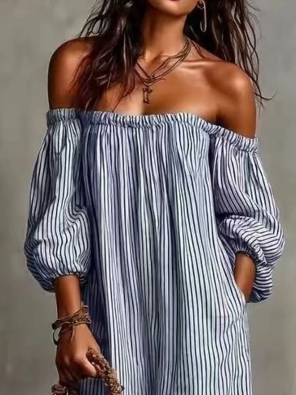 Full Size Off-Shoulder Striped Maxi Dress with Puff Sleeves Plus Size, image 12