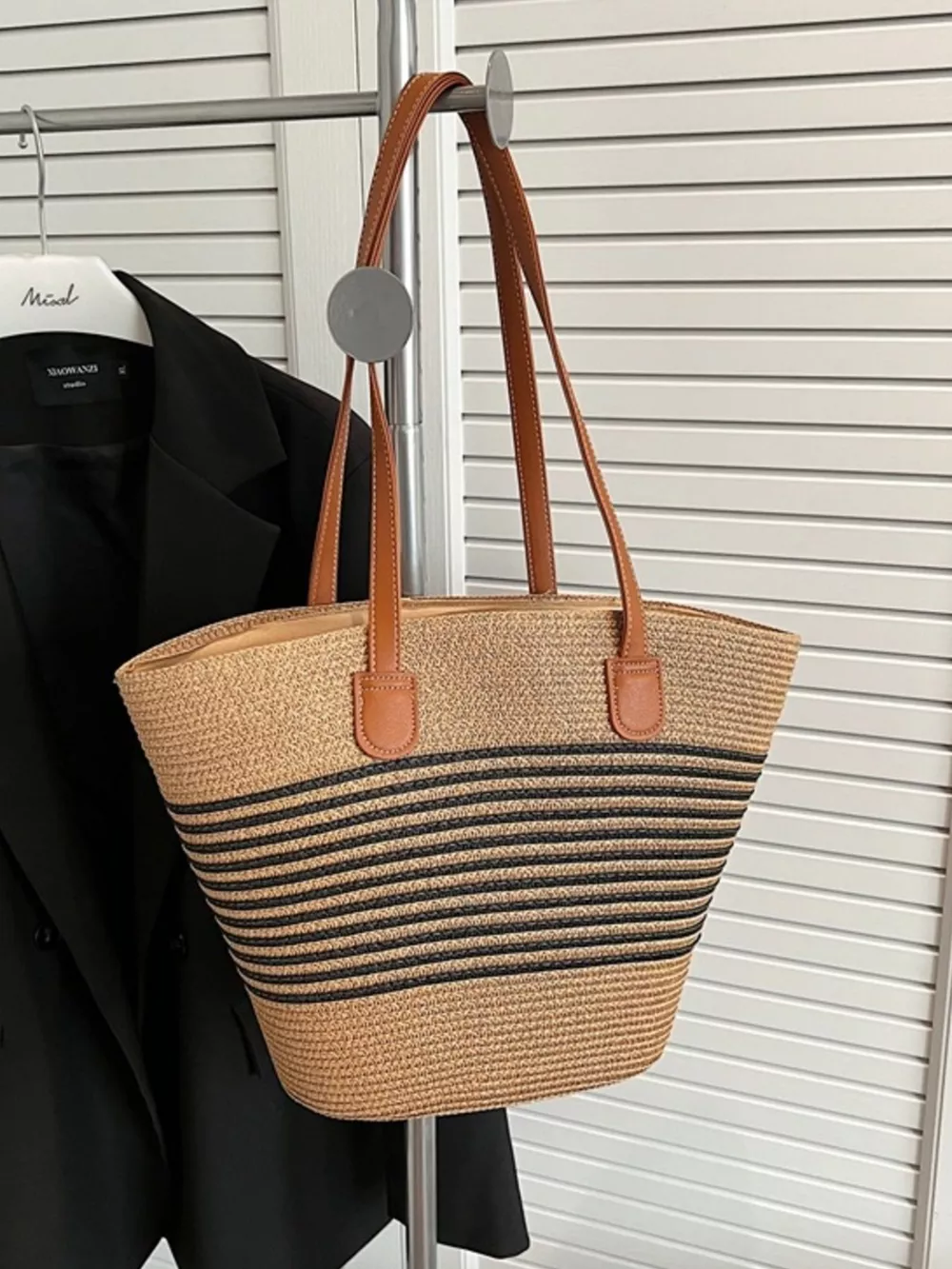 Striped Woven Straw Shoulder Bag, image 4