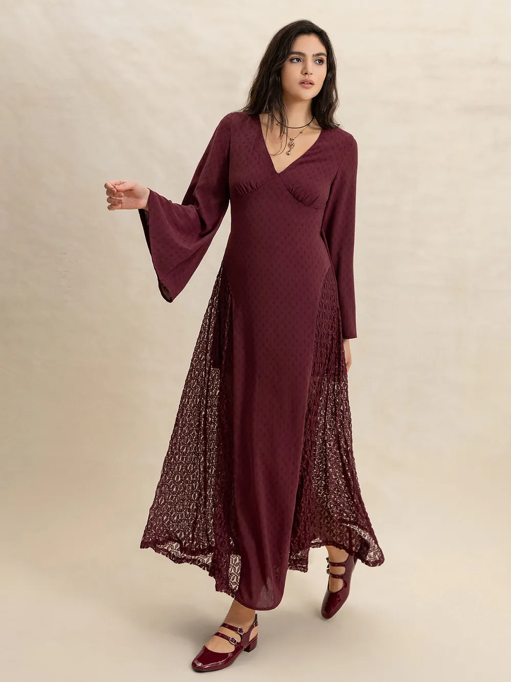 Lace Patchwork V-Neck Long Sleeve Midi Dress, image 2