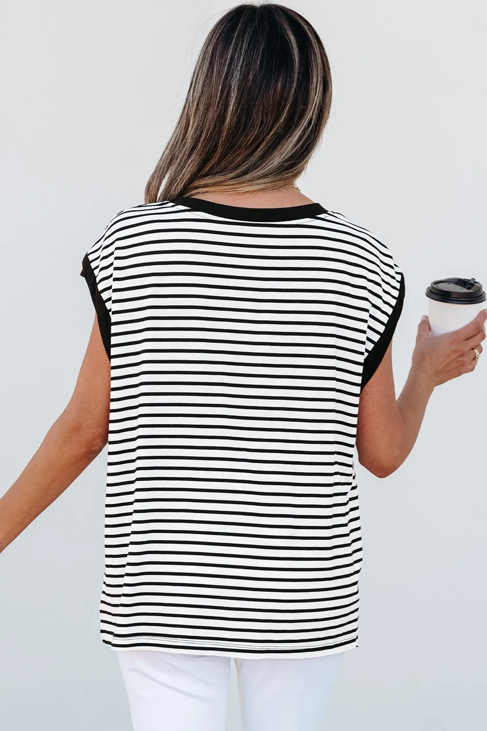 Striped Round Neck Cap Sleeve Top, image 8