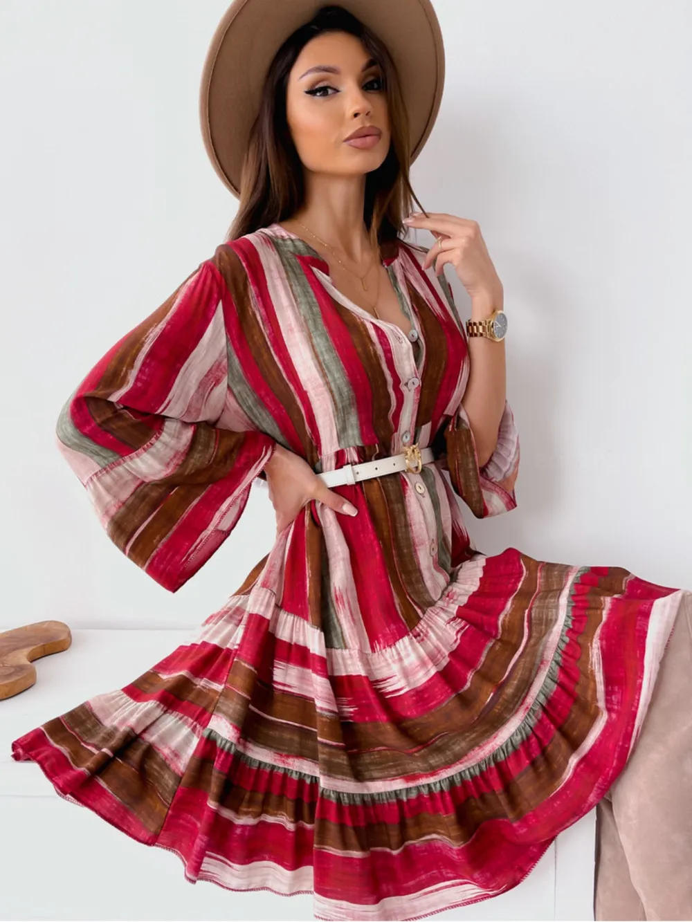 Buttoned Striped Long Sleeve Mini Dress, image 4