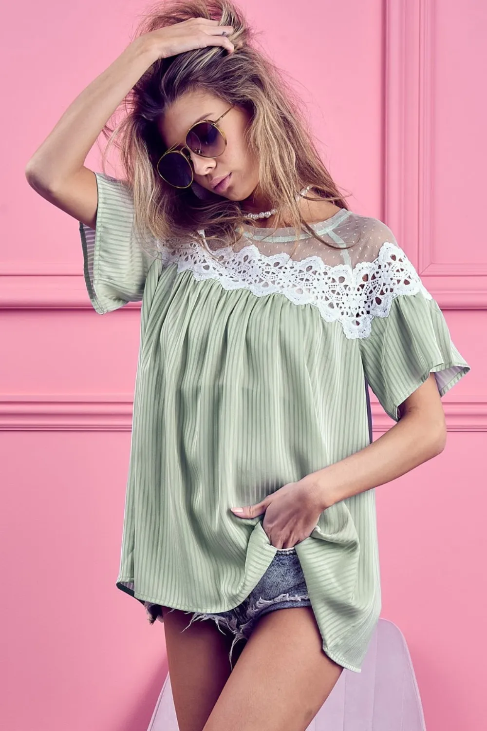 Lace Detail Short Sleeve Striped Blouse, image 3
