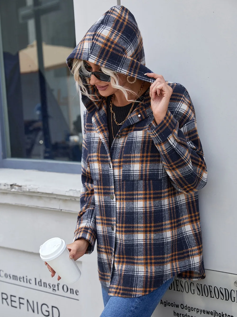 Plaid Button Up Long Sleeve Hooded Jacket, image 5