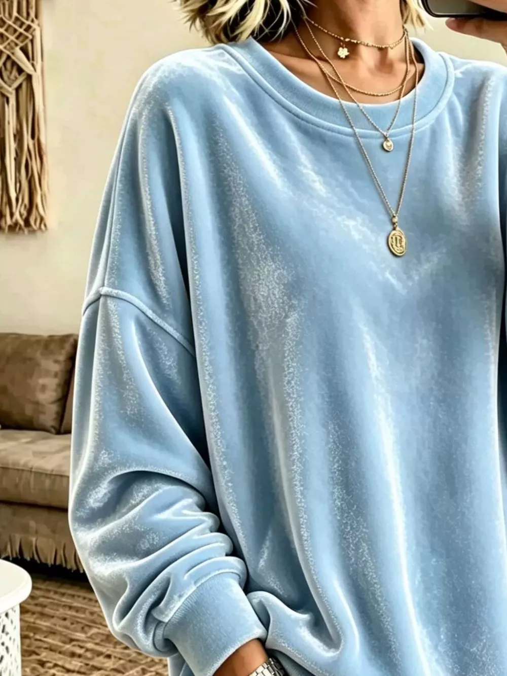 Full Size Loose Fit Velvet Dropped Shoulder Sweatshirt Plus Size, image 2