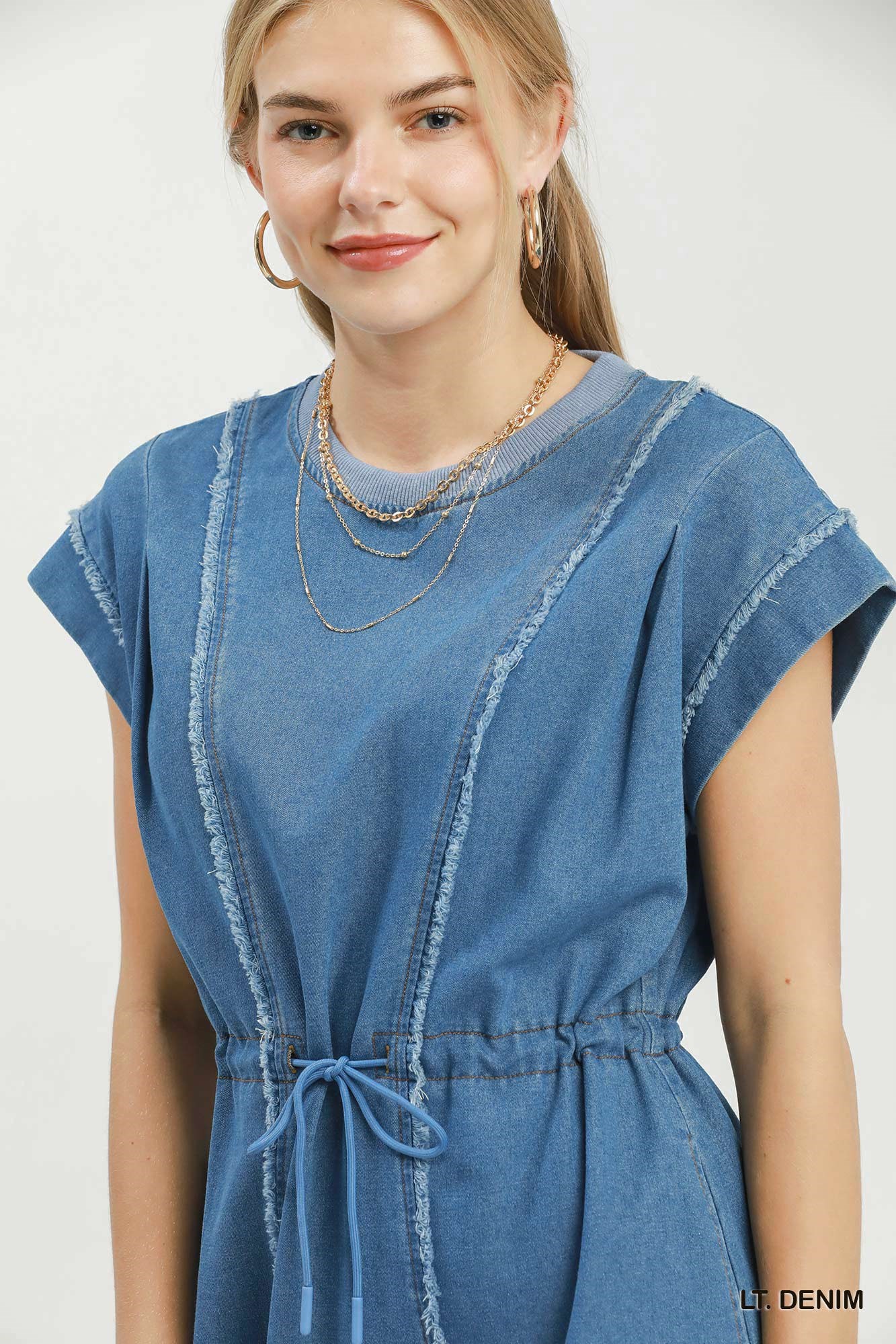 Drawstring Waist Frayed Denim Mini Dress, image 6