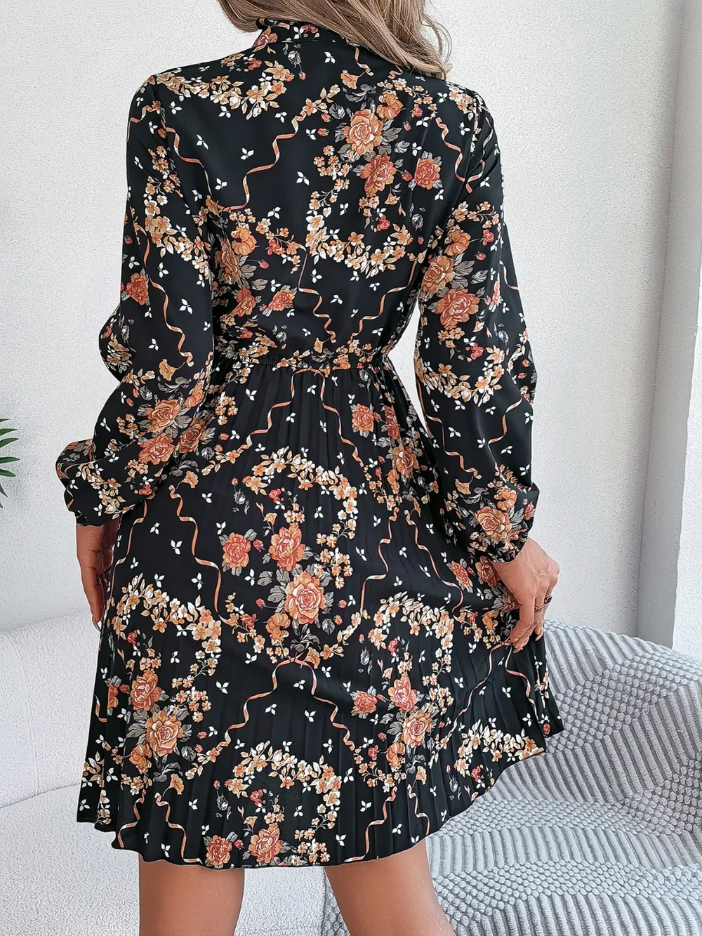 Pleated Printed Tie Neck Long Sleeve Dress, image 20