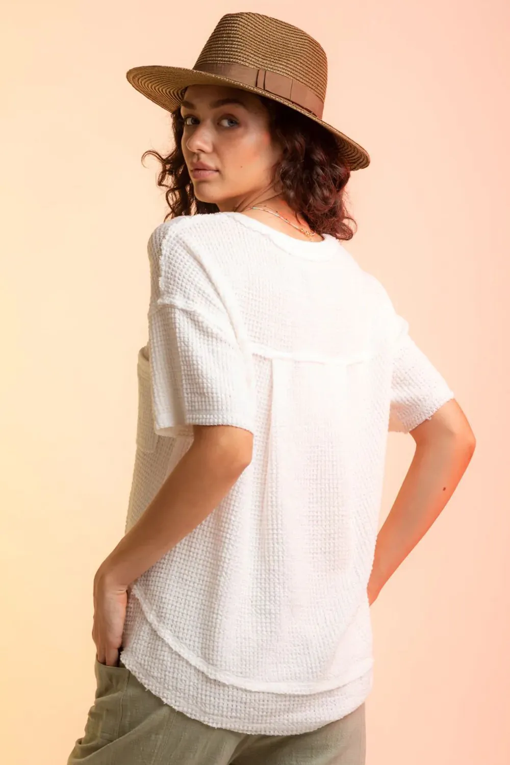 Waffle-Knit Notched Half Sleeve T-Shirt, image 3