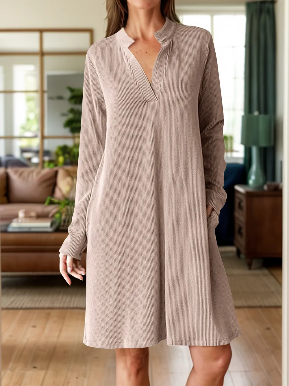 Notched Long Sleeve Mini Dress with Pockets, image 13