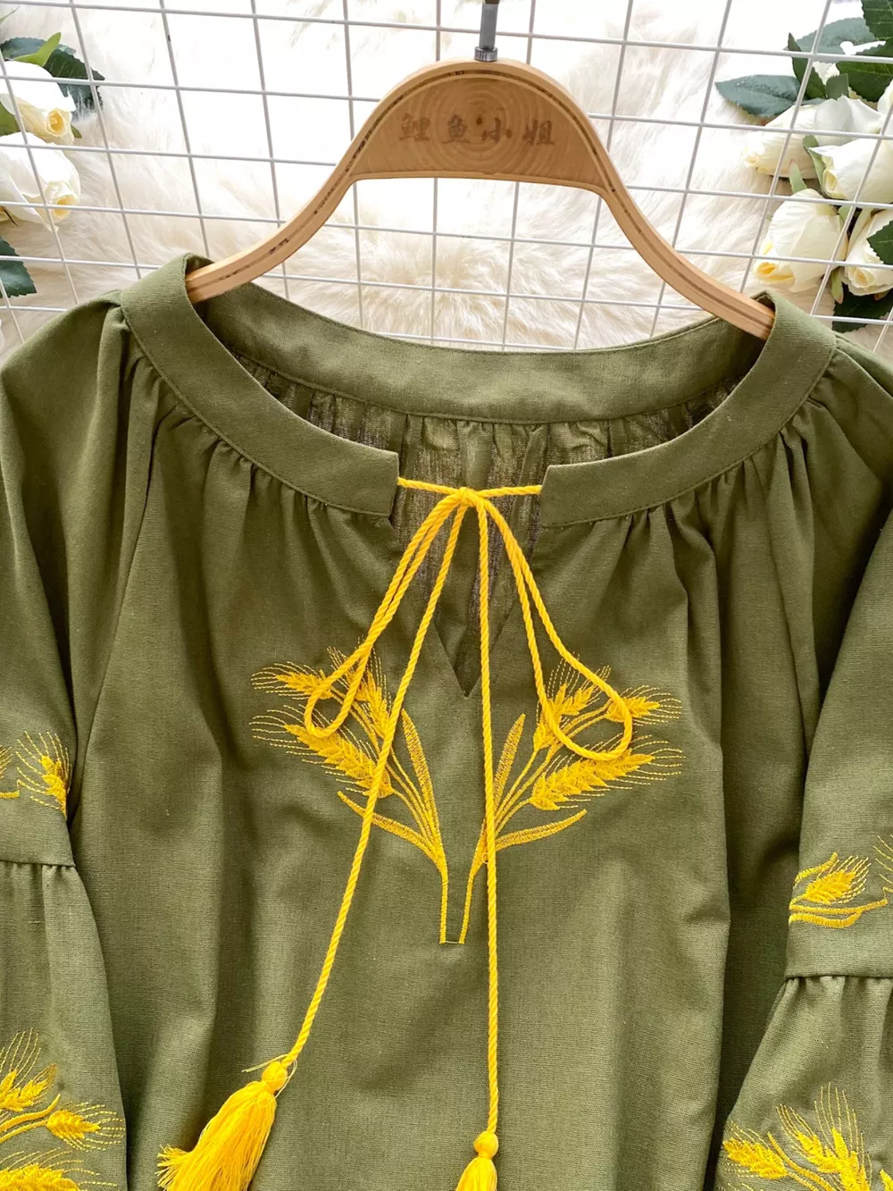 Embroidered Wheat Pattern Tie Neck Blouse, image 17