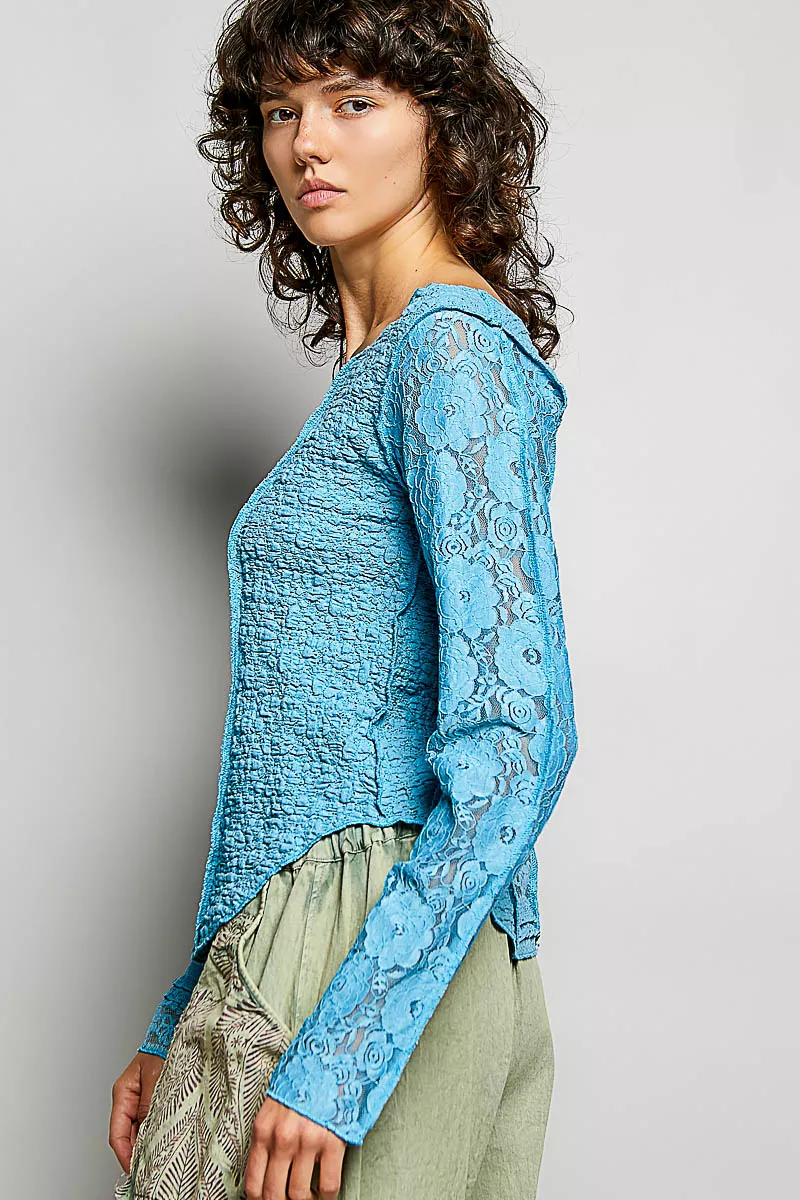 Round Neck Long Sleeve Exposed Seam Top with Lace Detail, image 2