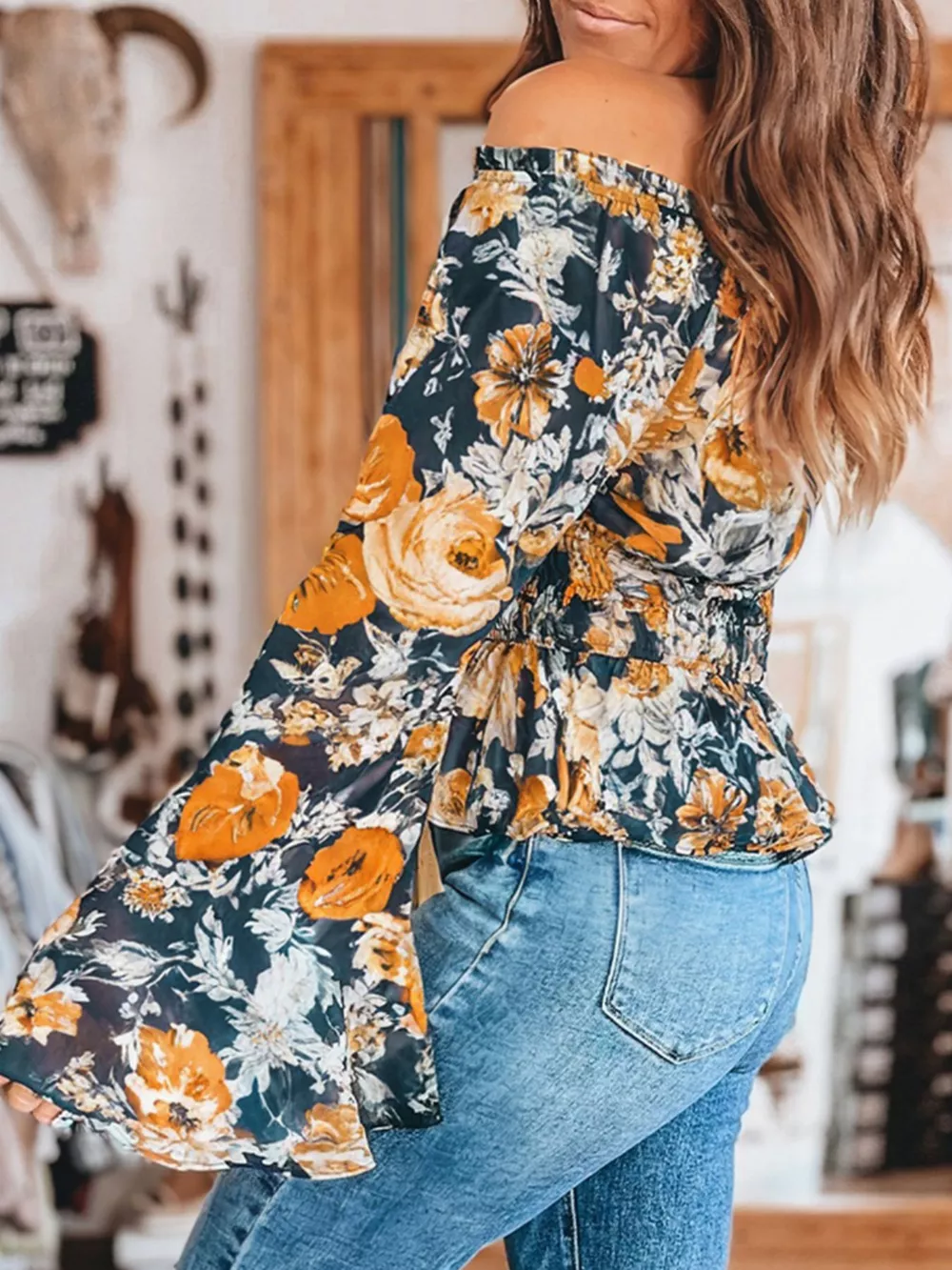 Floral Off Shoulder Bell Sleeve Smocked Peplum Top, image 2