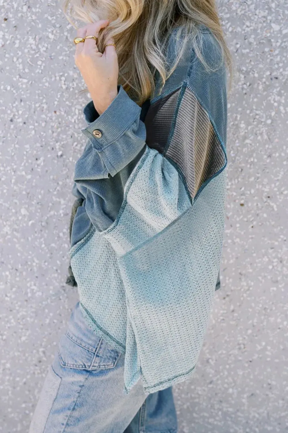 Patchwork Color Block Round Neck Long Sleeve Top, image 2
