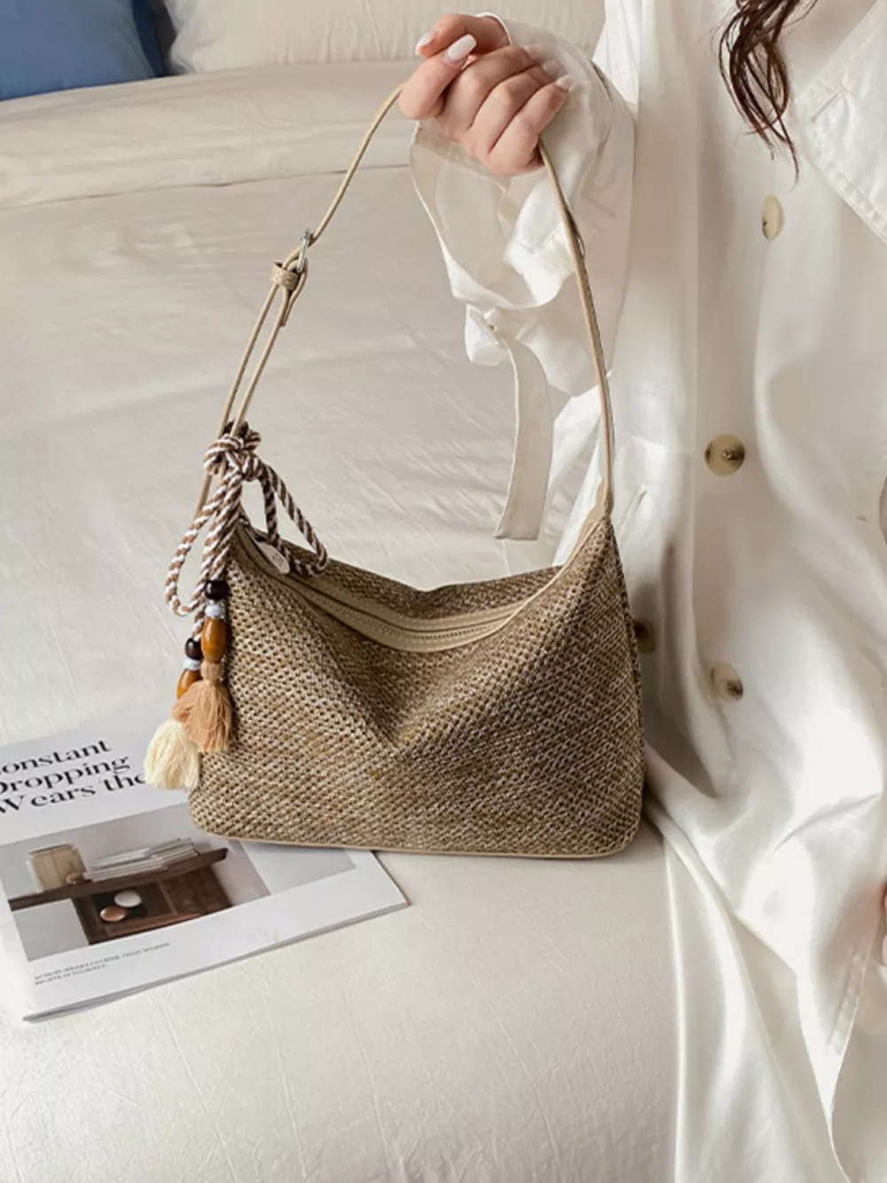 Woven Shoulder Bag with Tassel, image 8