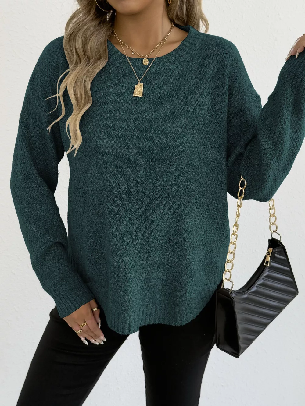 Textured Knit Relaxed Fit Round Neck Sweater, image 18