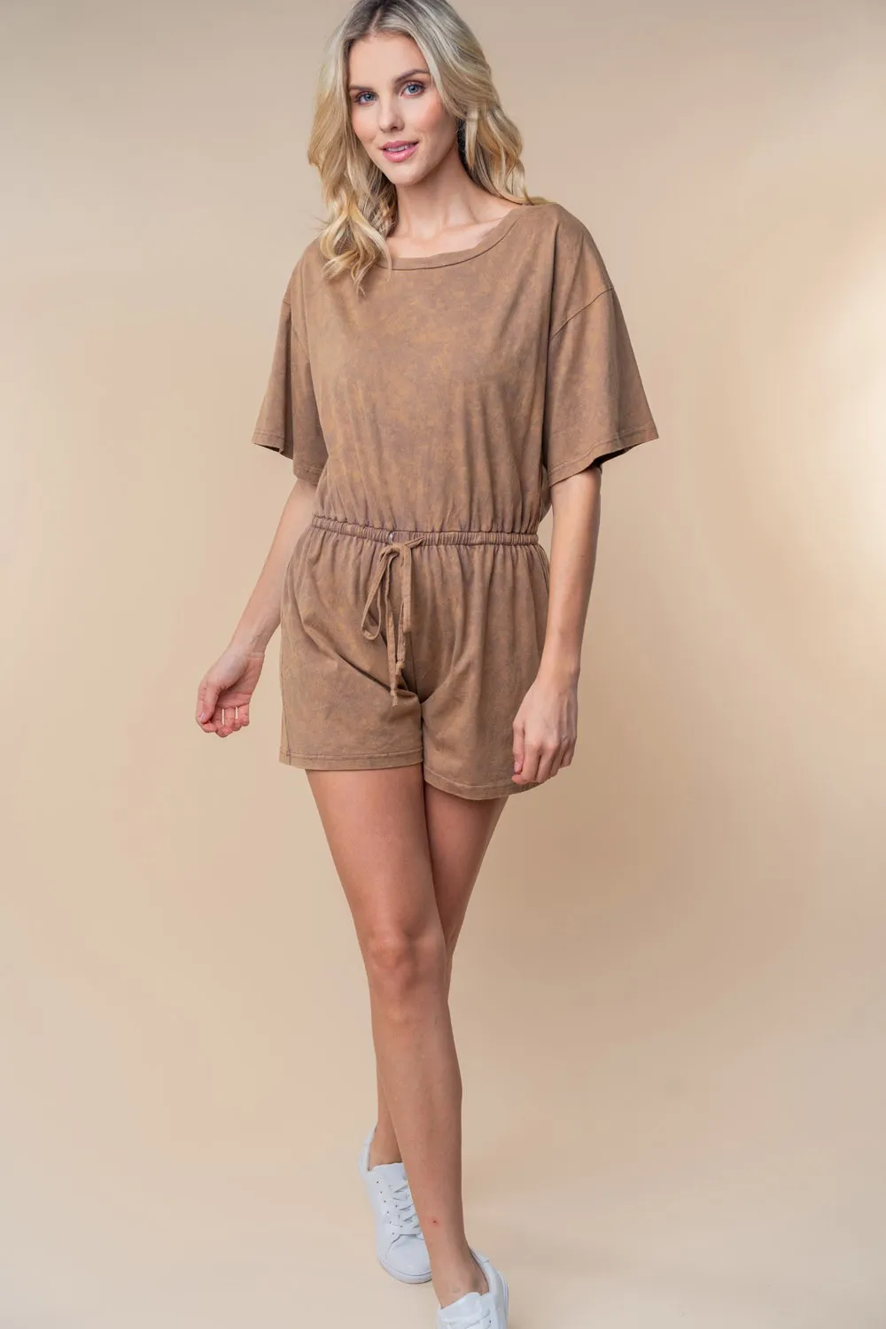 Full Size Short Sleeve Drawstring Romper, image 2