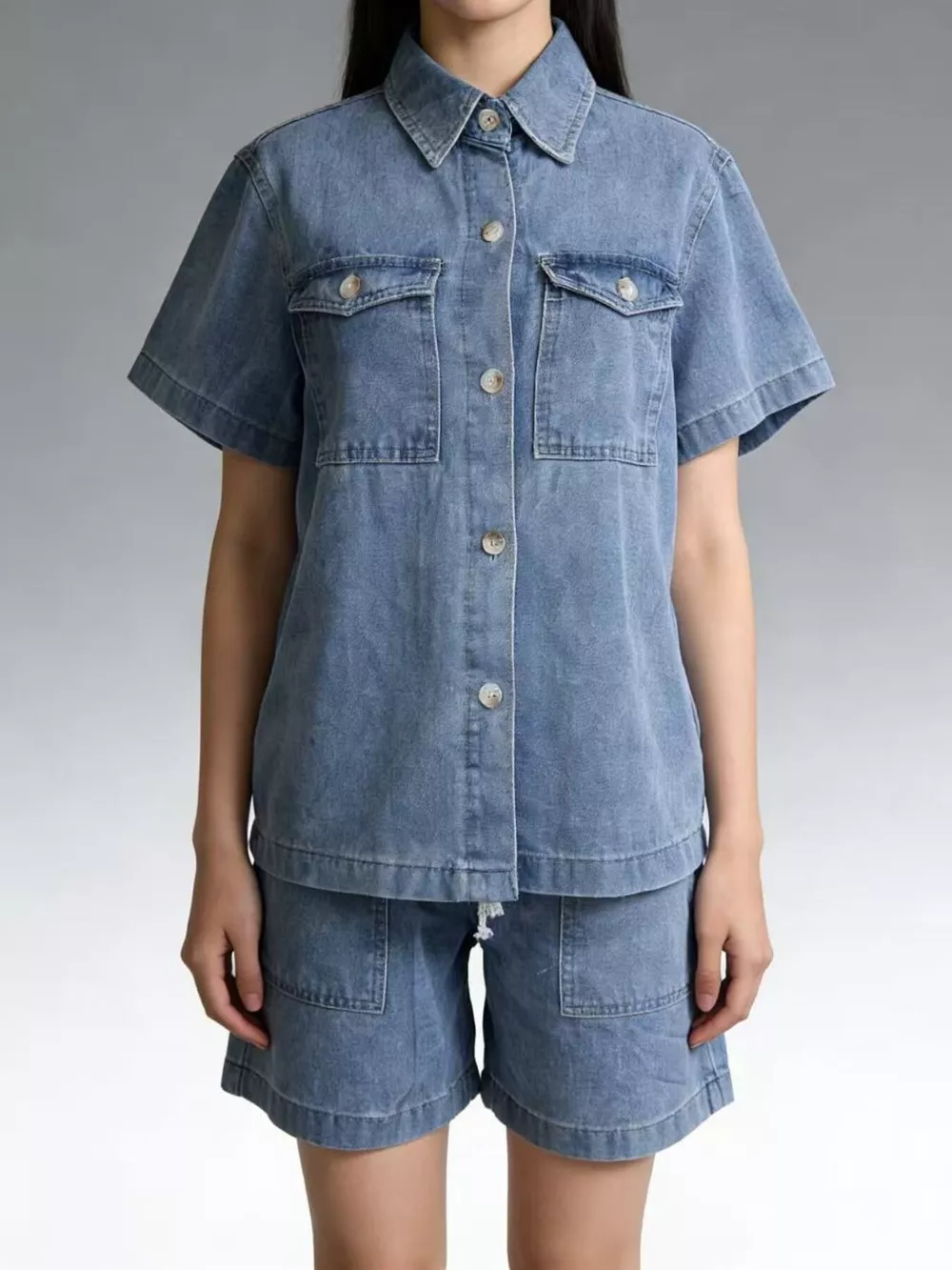 Button Up Short Sleeve Top and Shorts Denim Set, image 4