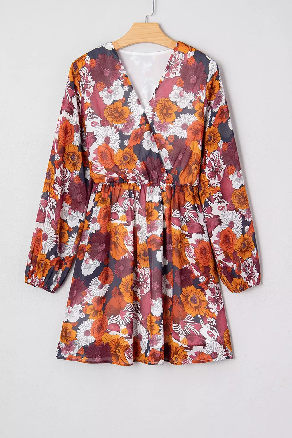 Floral Print Wrap V Neck Puff Sleeve Flowy Mini Dress, image 3
