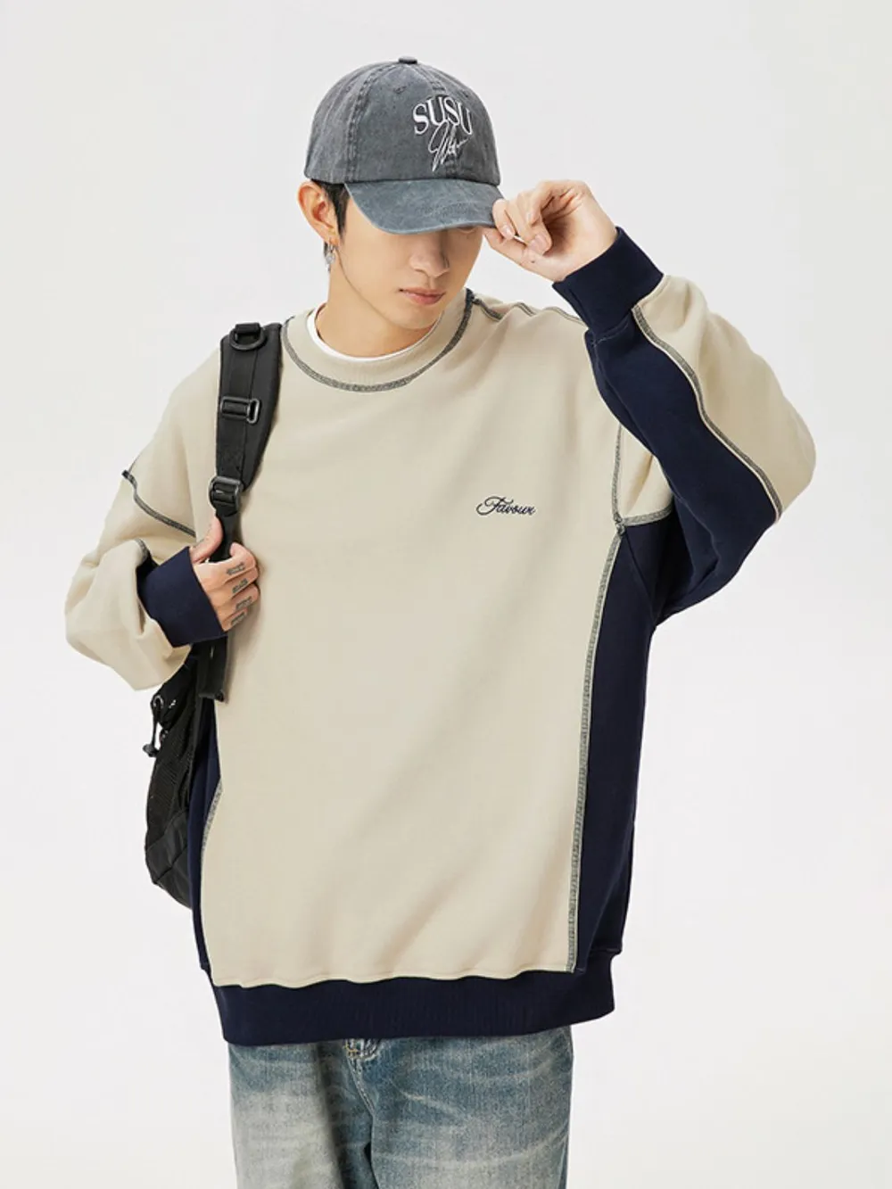 Men's Contrast Round Neck Drop Shoulder Sweatshirt