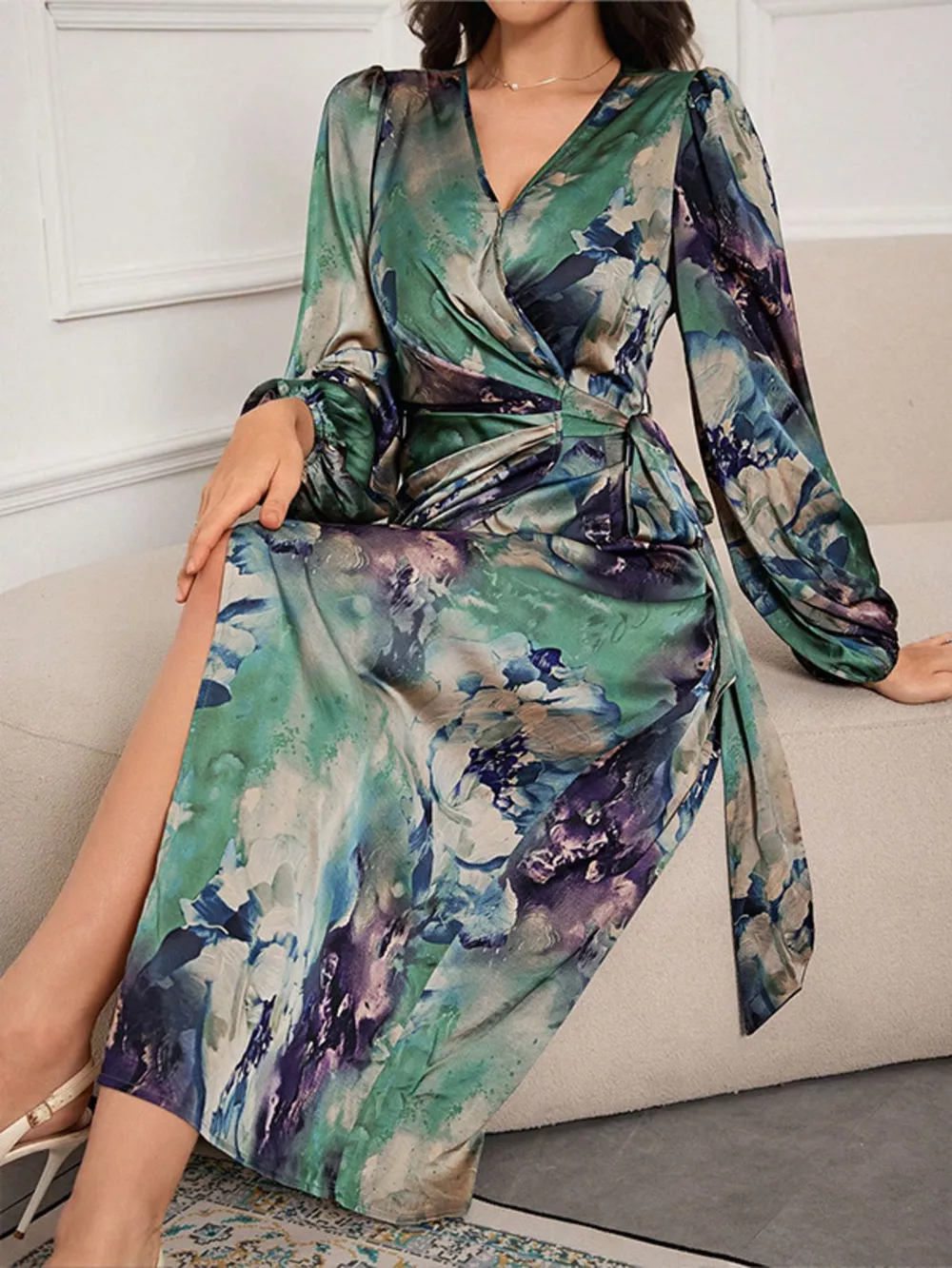 Printed Tie Waist Balloon Sleeve Dress, image 3