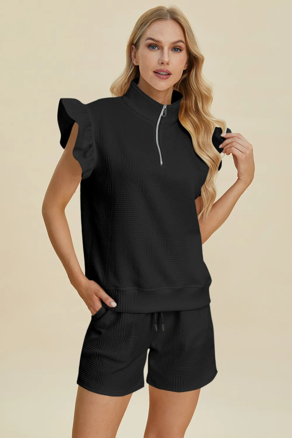 Full Size Texture Flounce Sleeve Top and Shorts Set, image 7