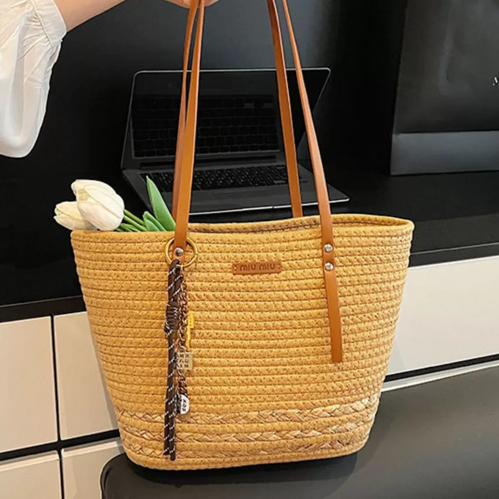Woven Straw Tote Handbag with Leather Straps, image 7