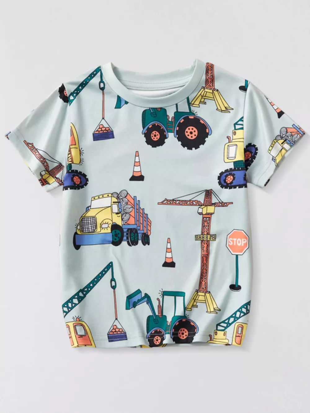 Children's Construction Vehicle Print Crew Neck Short Sleeve T-Shirt