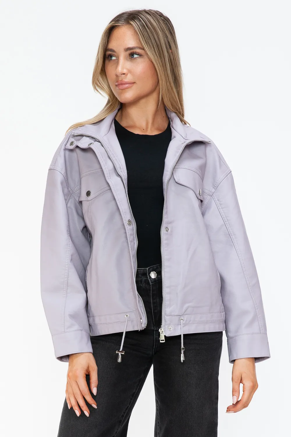 Drawstring Hem PU Leather Zip Up Jacket, image 15