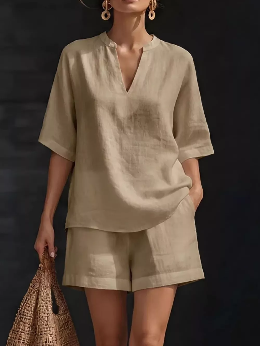 Full Size Notched Half Sleeve Top and Shorts Set Plus Size, image 13