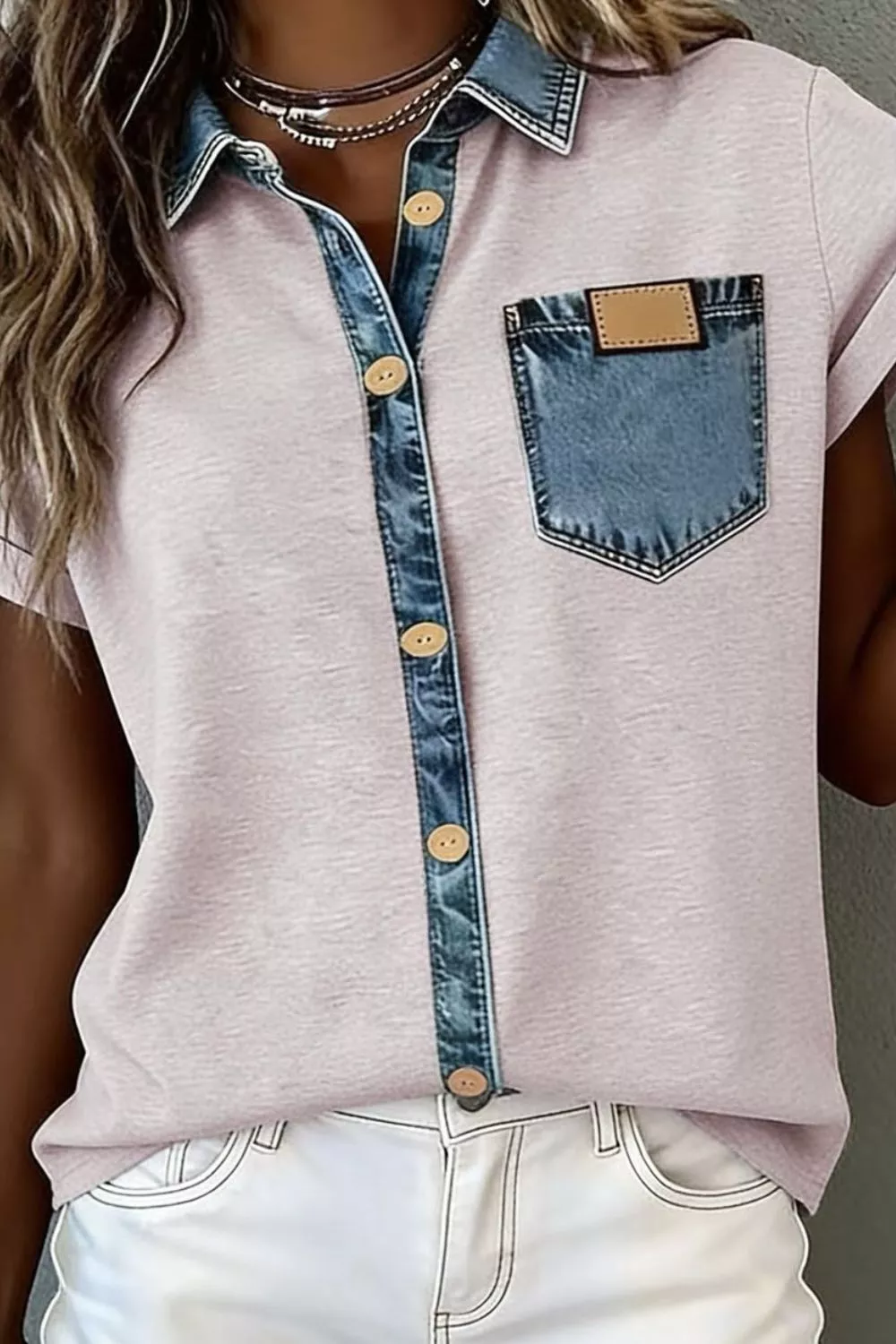 Denim Trim Button-Down Shirt, image 6