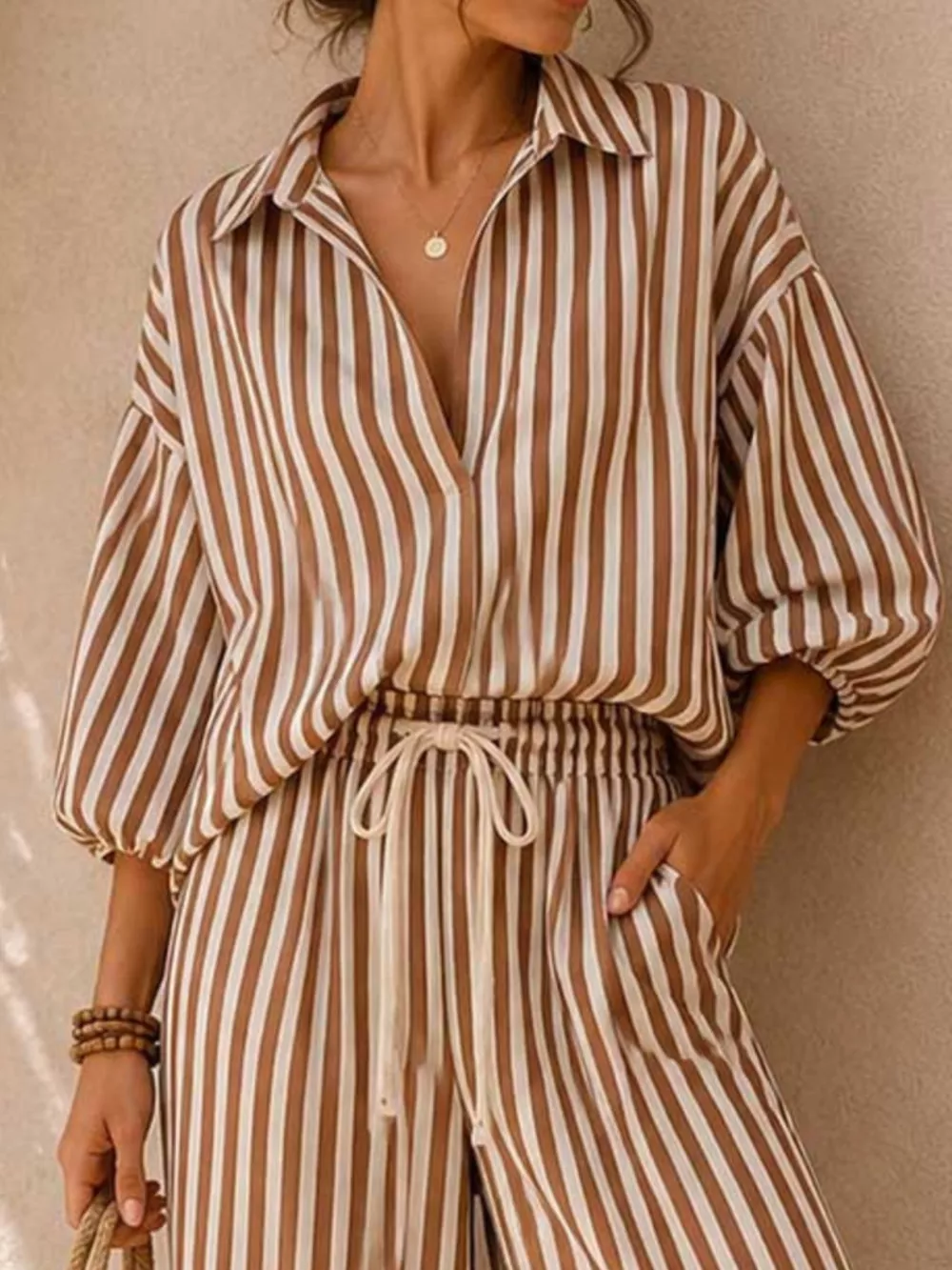 Full Size Striped Puff Sleeve Shirt and Wide-Leg Drawstring Pants Set Plus Size, image 2