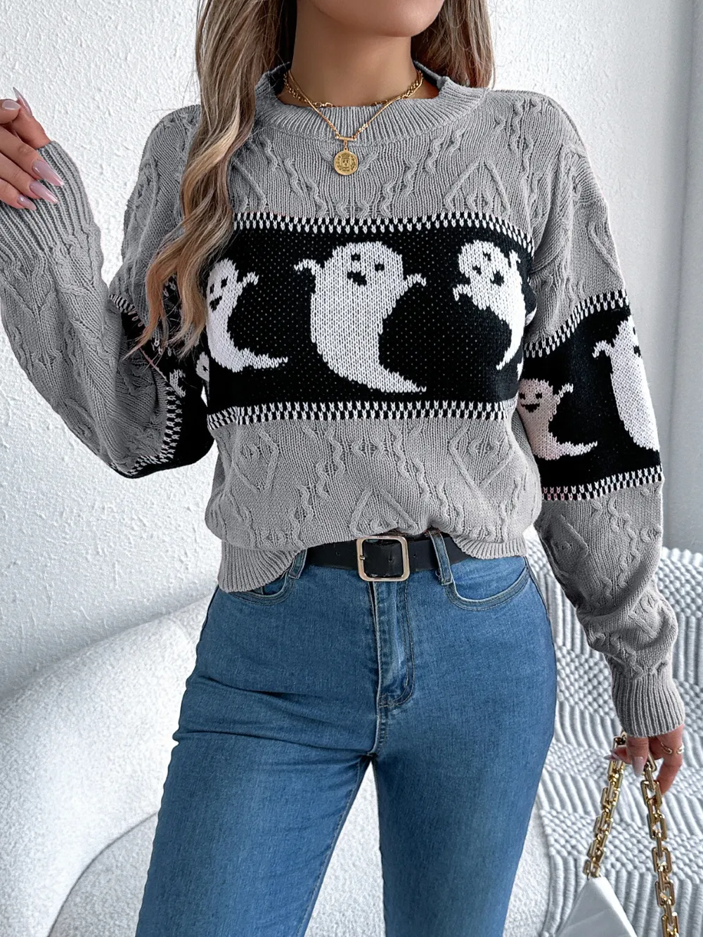Ghost Round Neck Long Sleeve Sweater, image 10
