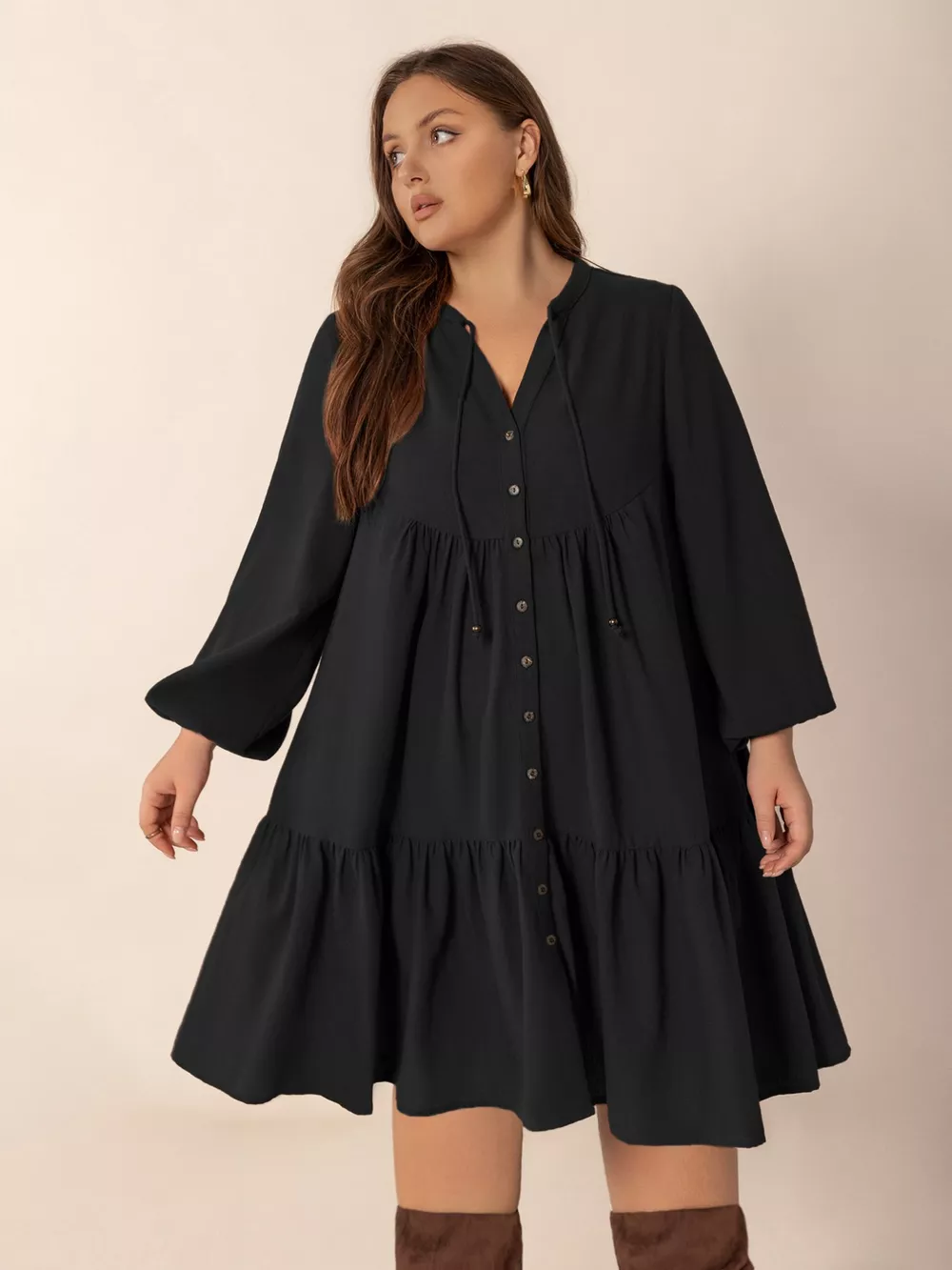 Plus Size Button Front Balloon Sleeve Dress, image 2