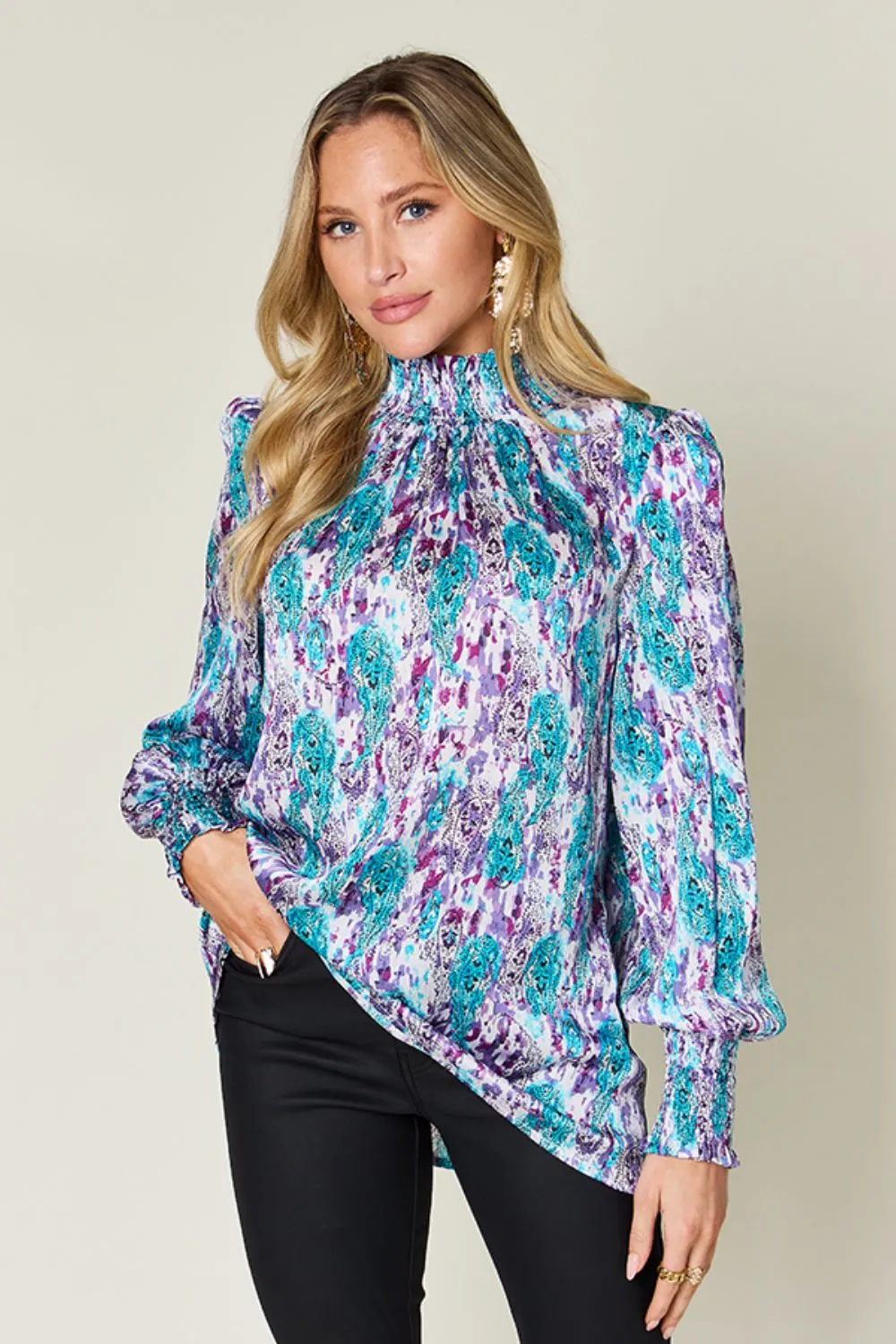 Full Size Printed Smocked Long Sleeve Blouse, image 3