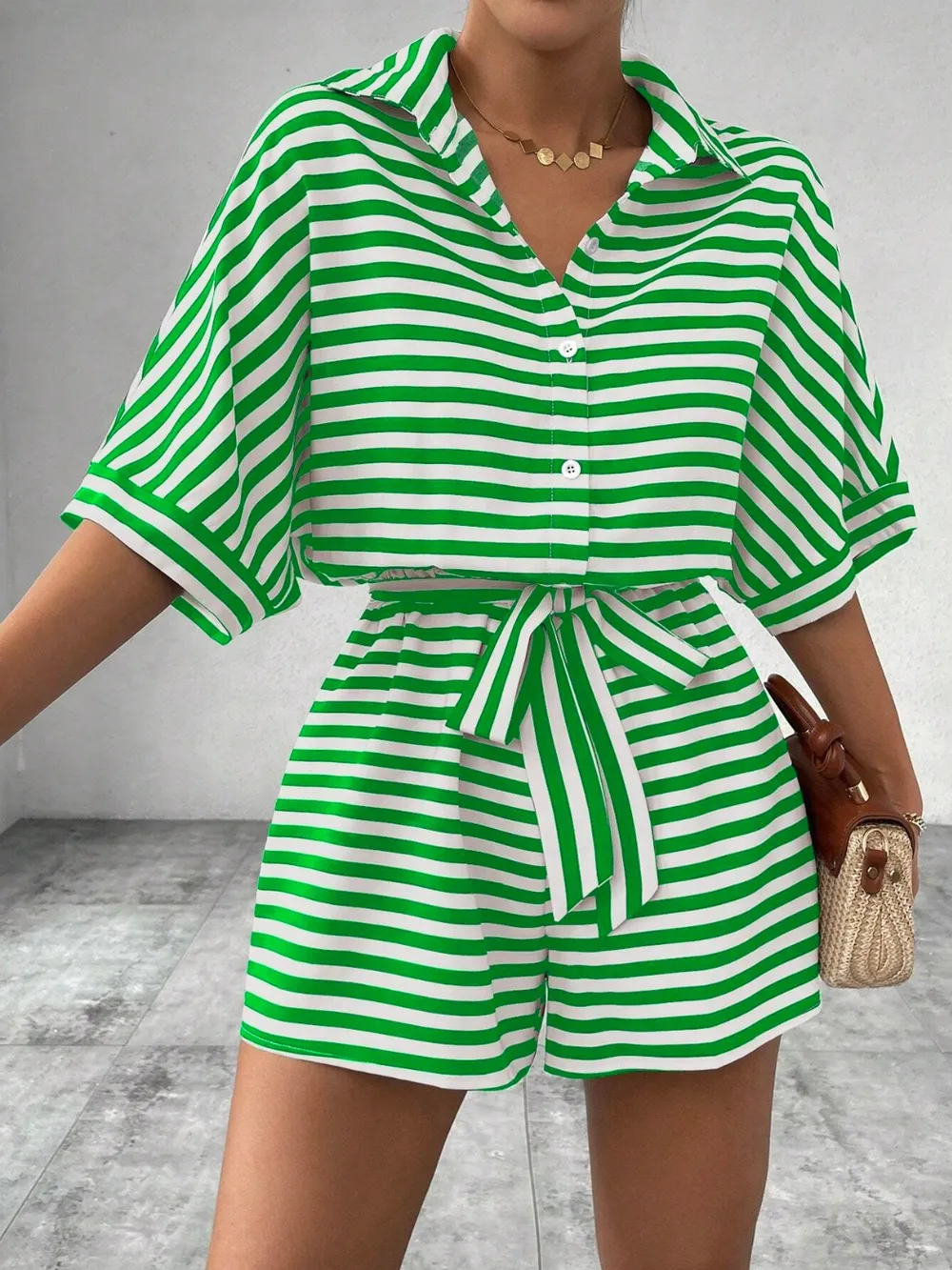 Tie Waist Half Button Striped Romper, image 3