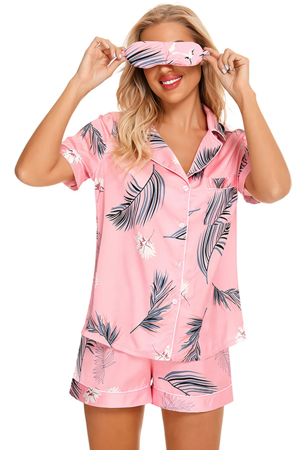Printed Button Up Short Sleeve Top and Shorts Lounge Set, image 4