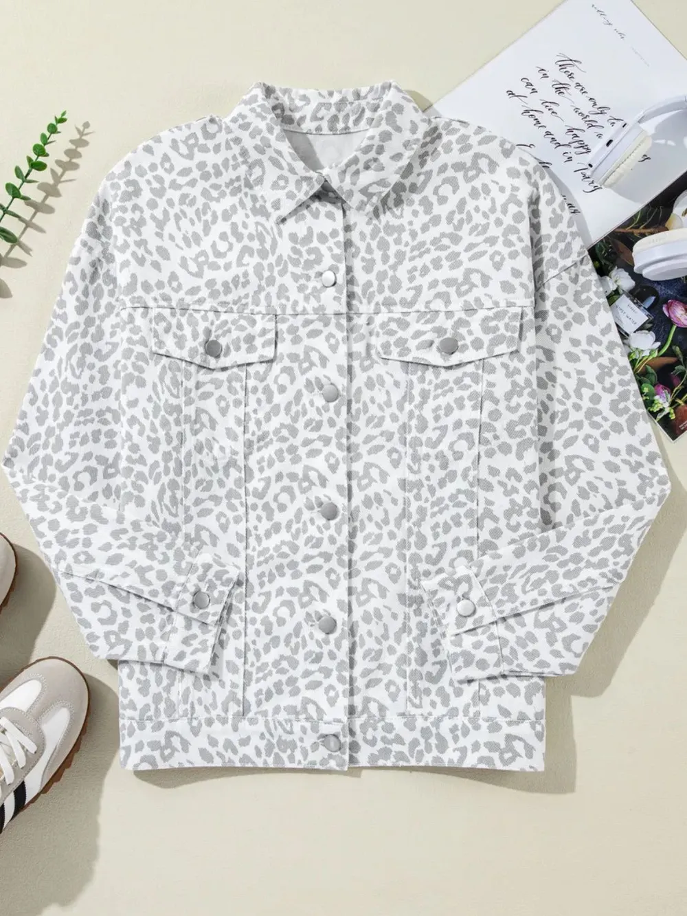 Leopard Button Up Long Sleeve Denim Jacket, image 3