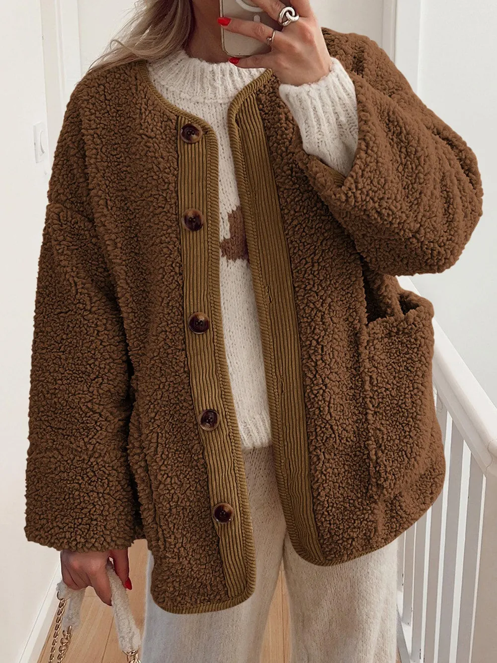Contrast Button Up Sherpa Jacket with Pockets, image 14