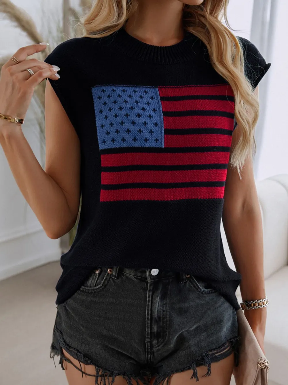 US Flag Round Neck Sweater Vest, image 8