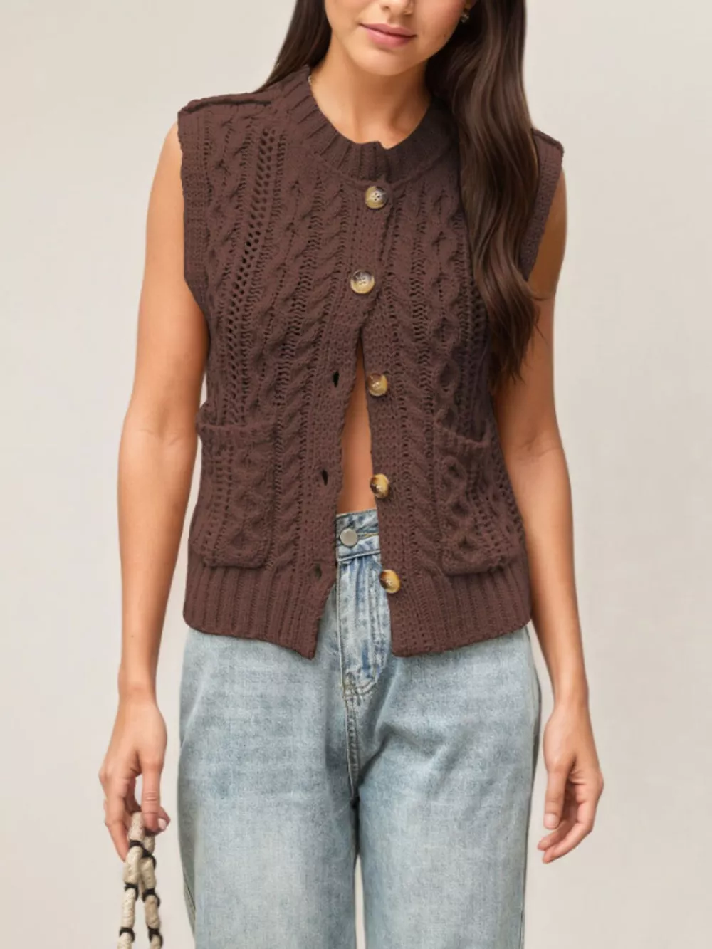 Cable-Knit Button-Down Sweater Vest, image 9