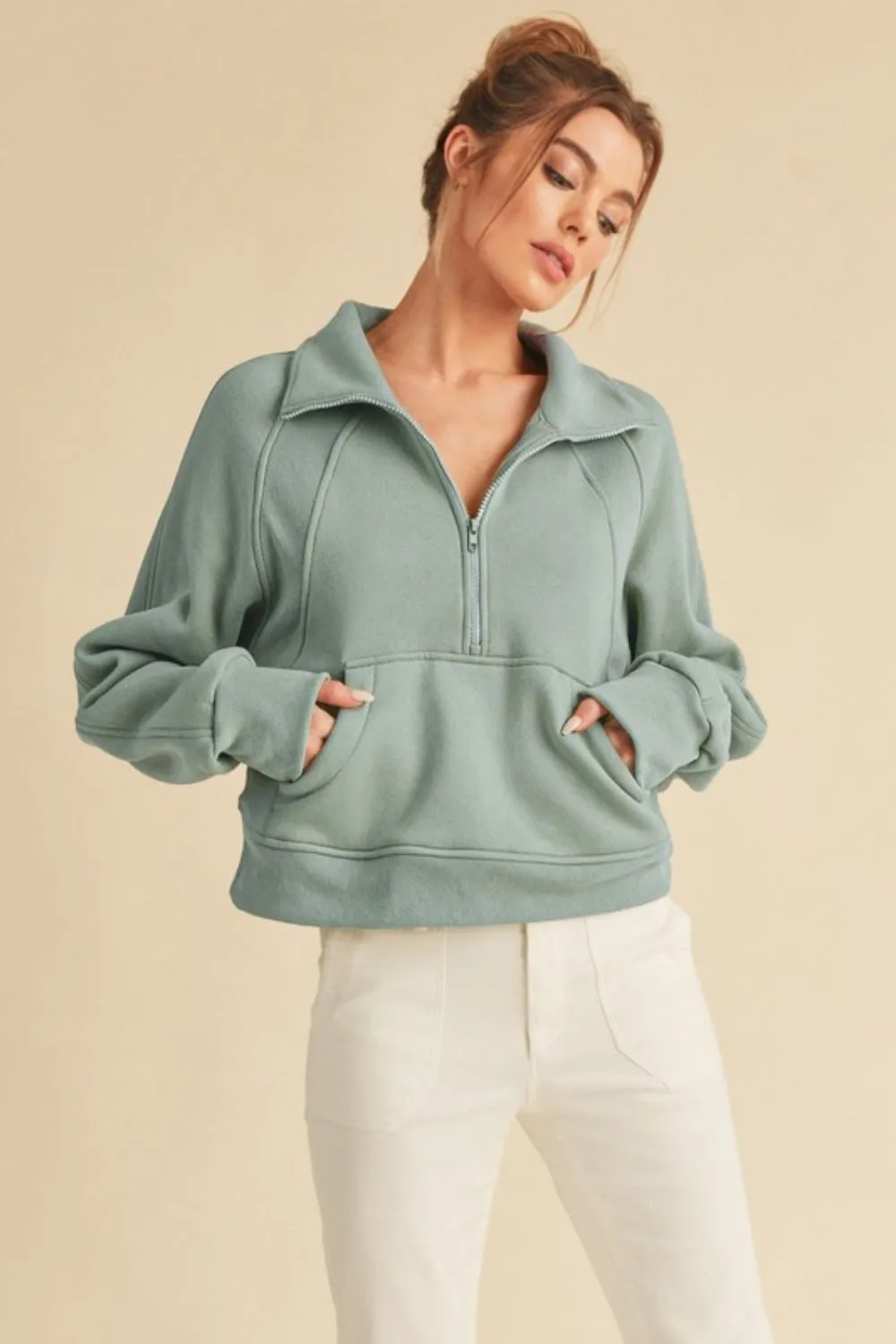 Half Zip Raglan Sleeve Sweatshirt with Kangaroo Pocket