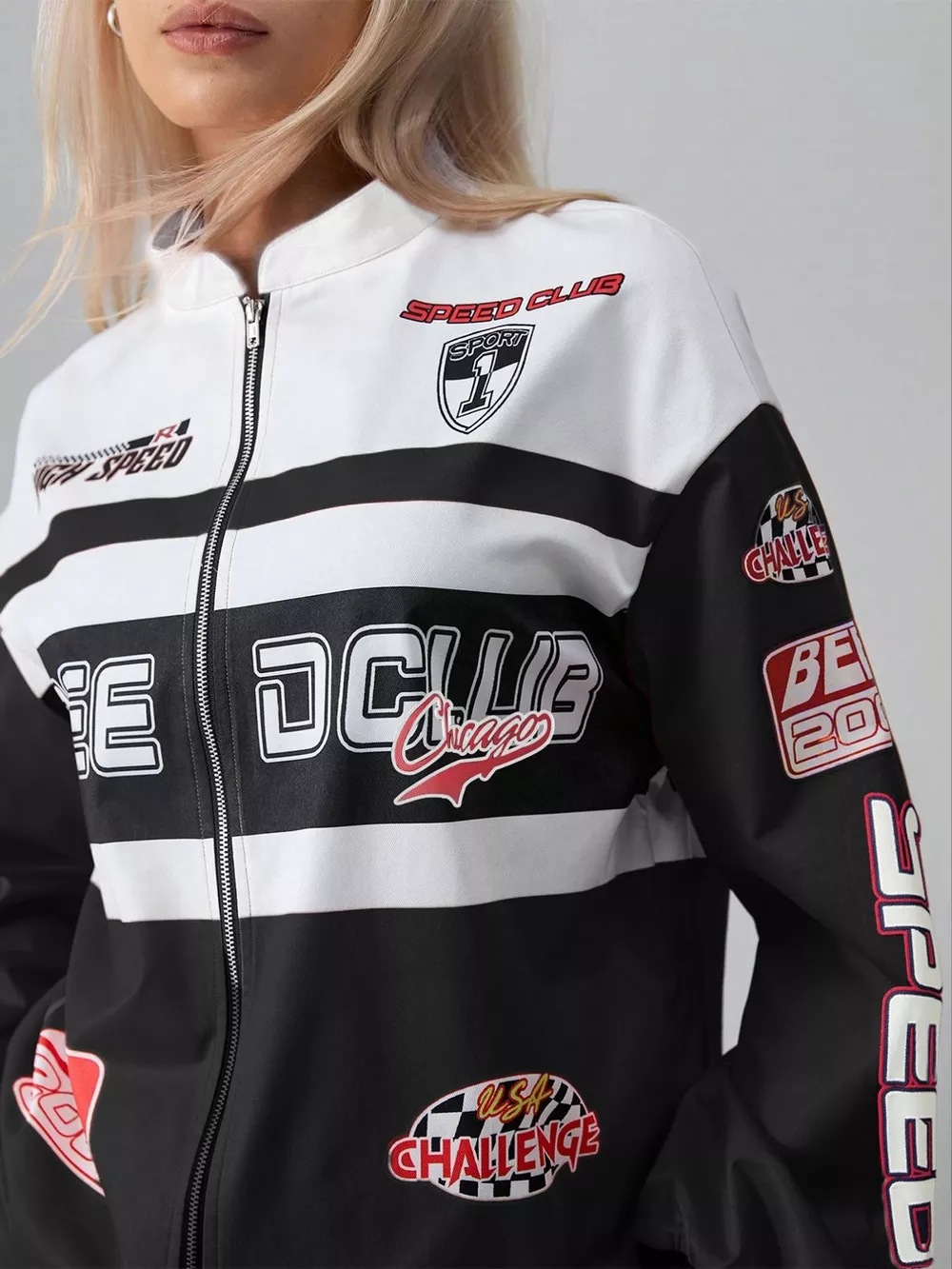 Letter Zip Up Dropped Shoulder Jacket, image 3
