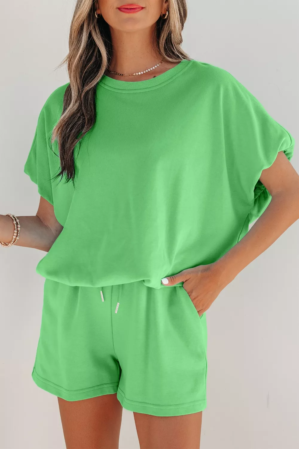 Solid Color Puffy Loose Top Drawstring Shorts 2pcs Outfit, image 4