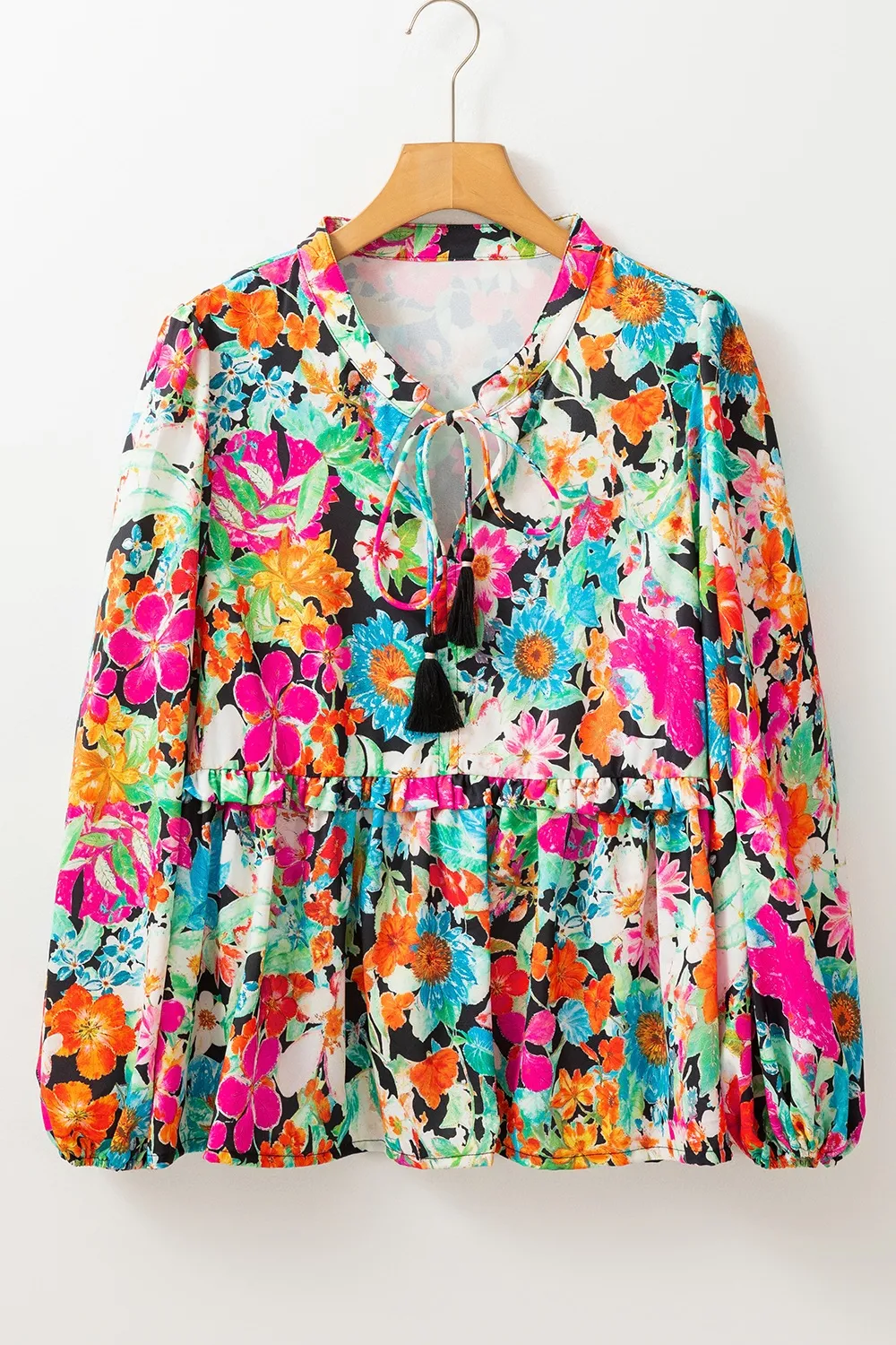 Floral Tie Neck Balloon Sleeve Blouse, image 2