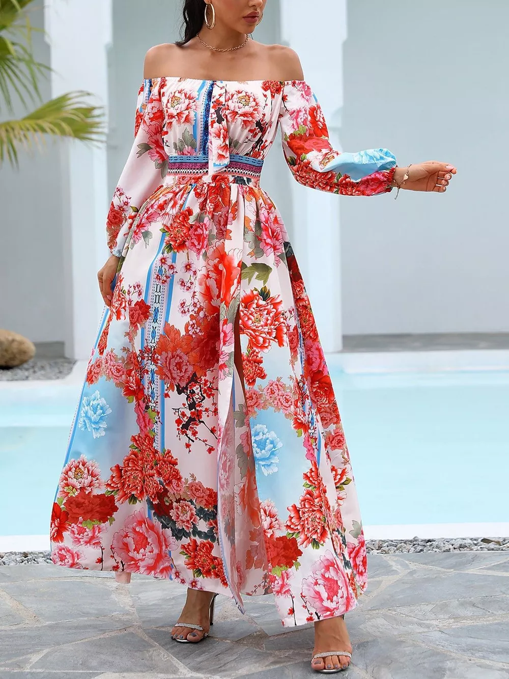 Slit Printed Off Shoulder Maxi Dress, image 8