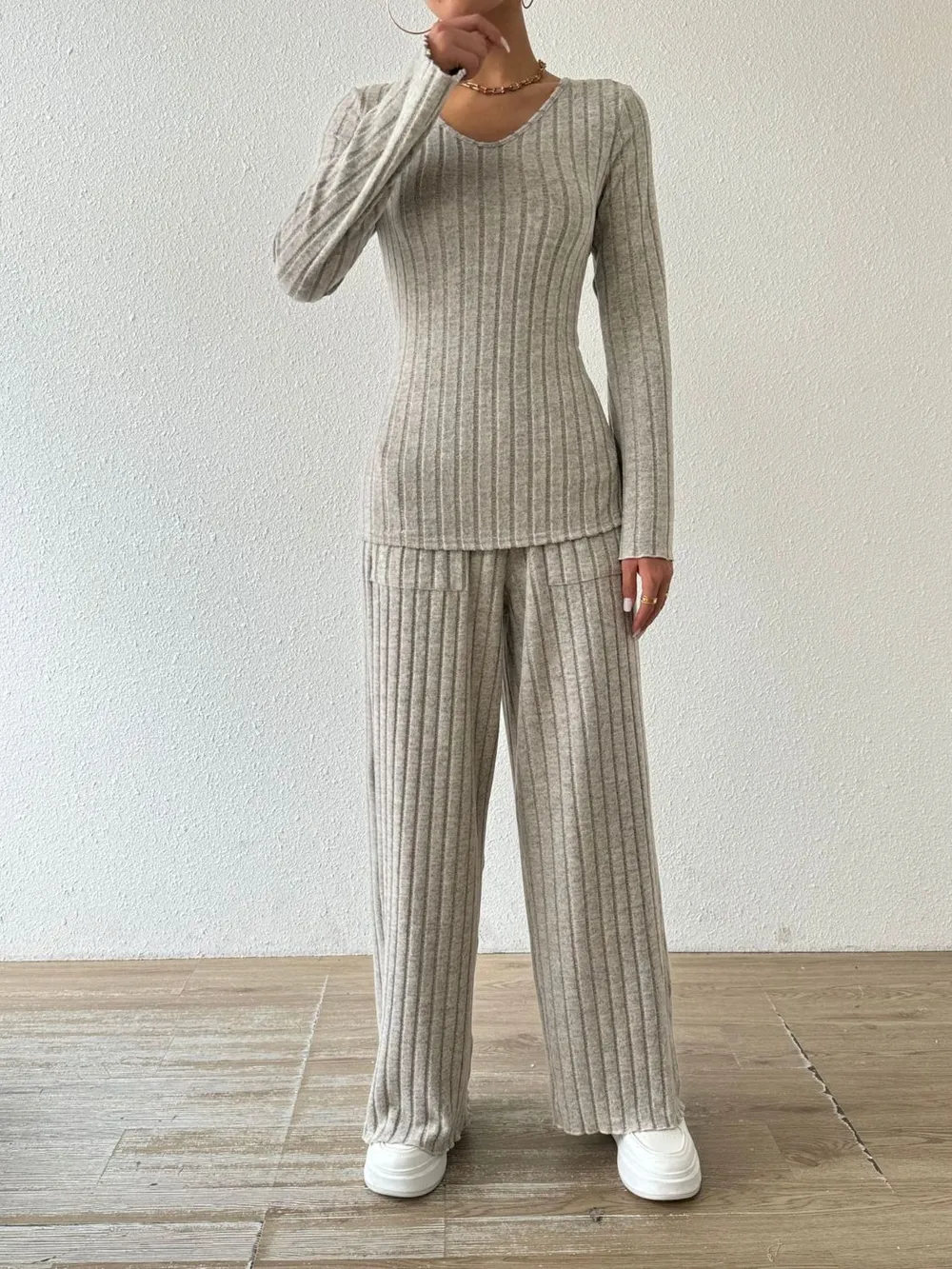 Ribbed V-Neck Long Sleeve Top and Pocketed Pants Set, image 6