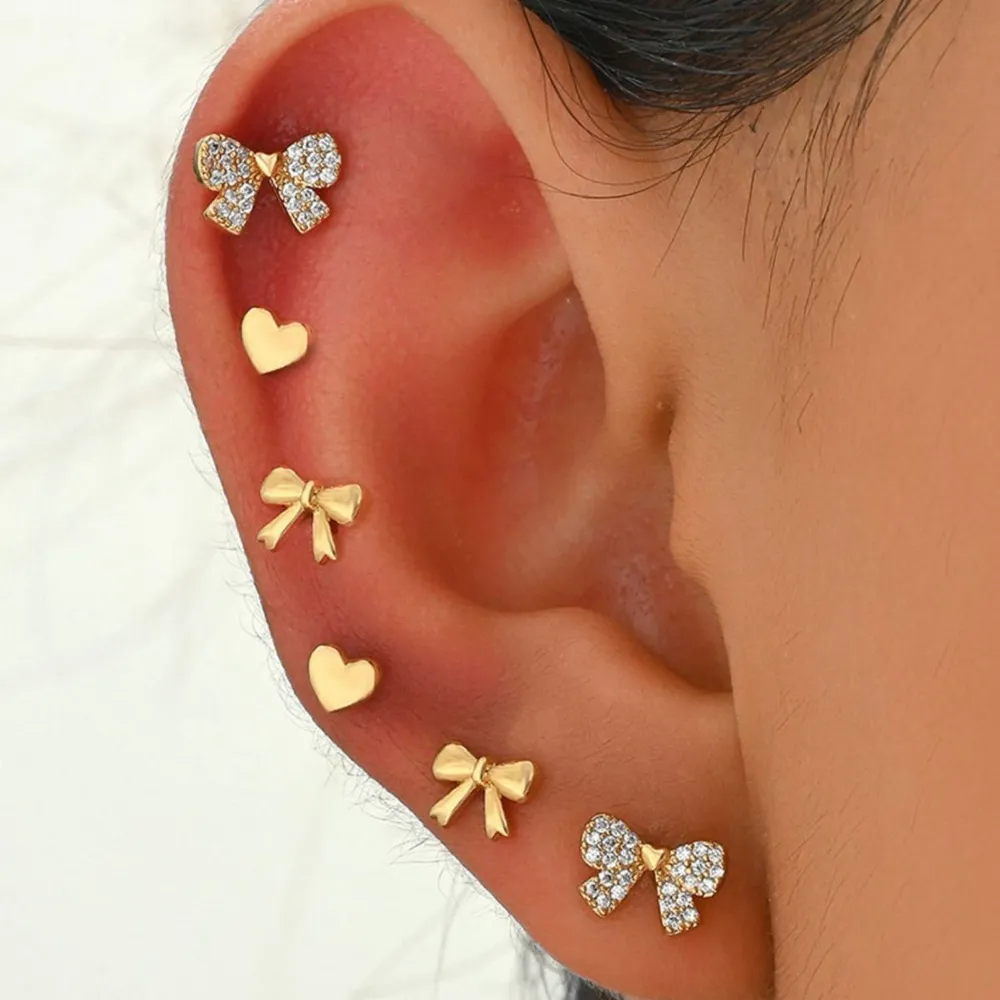 6 Piece Bow Heart Stud Earrings Set