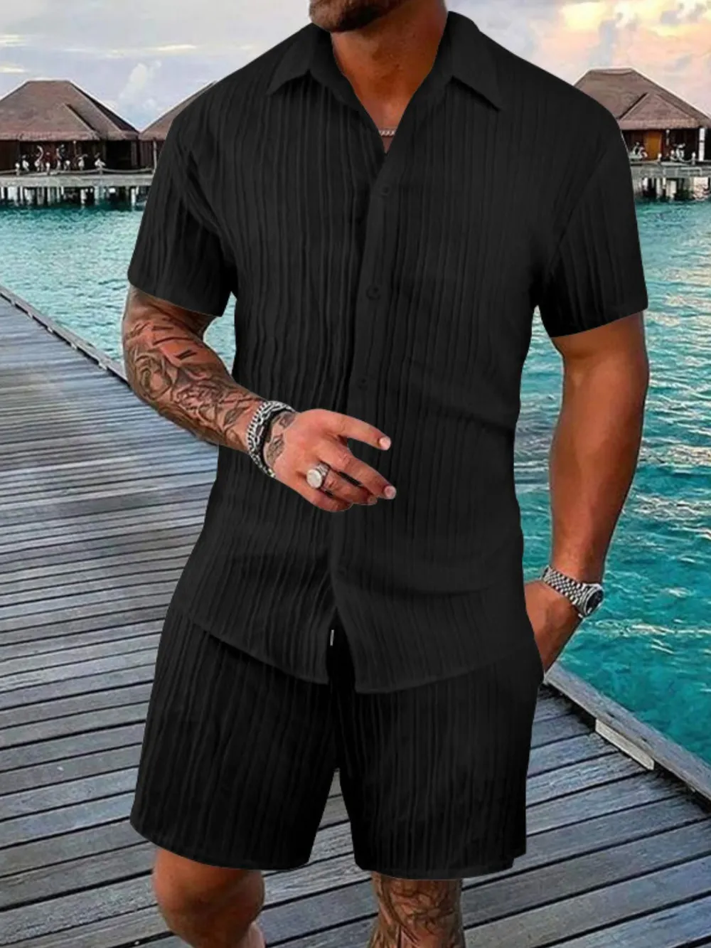 Men's Full Size Button Down Short Sleeve Shirt and Shorts Set Plus Size